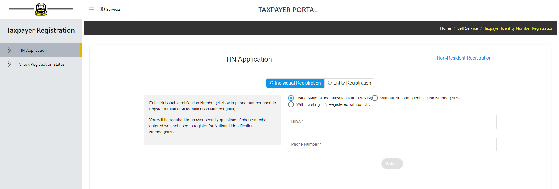 TRA TIN Taxpayer Registration